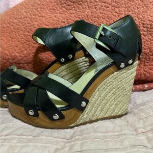 Michael Kors Black Leather and Tan Woven Wedges
